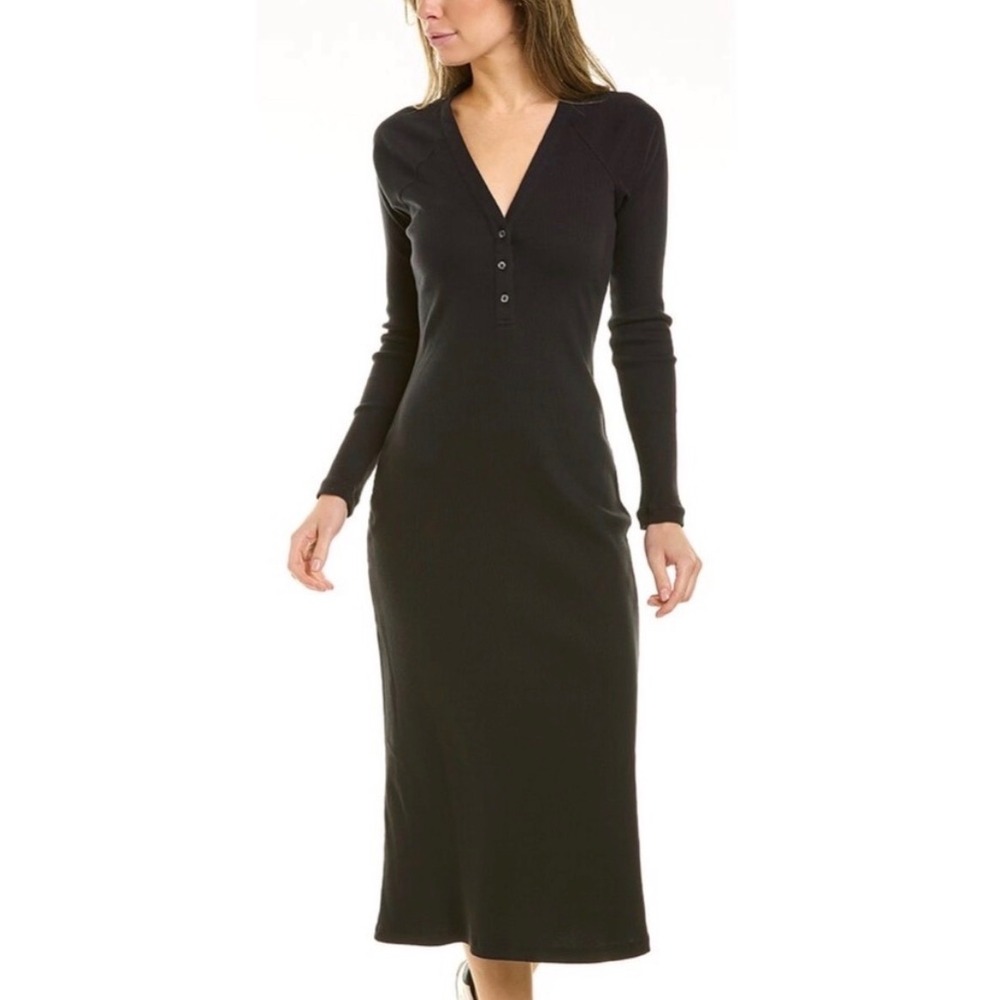 Standard James Perse Black Henley Midi Dress Long Sleeve V-Neck Size 2 Medium